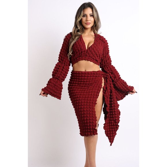 Women's Sexy Popcorn Long Sleeve Top And Matching Side Tie Mini Skirt 2 Pcs Set - Picture 5 of 14